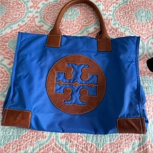 Tory Burch Blue and Tan Canvas Tote